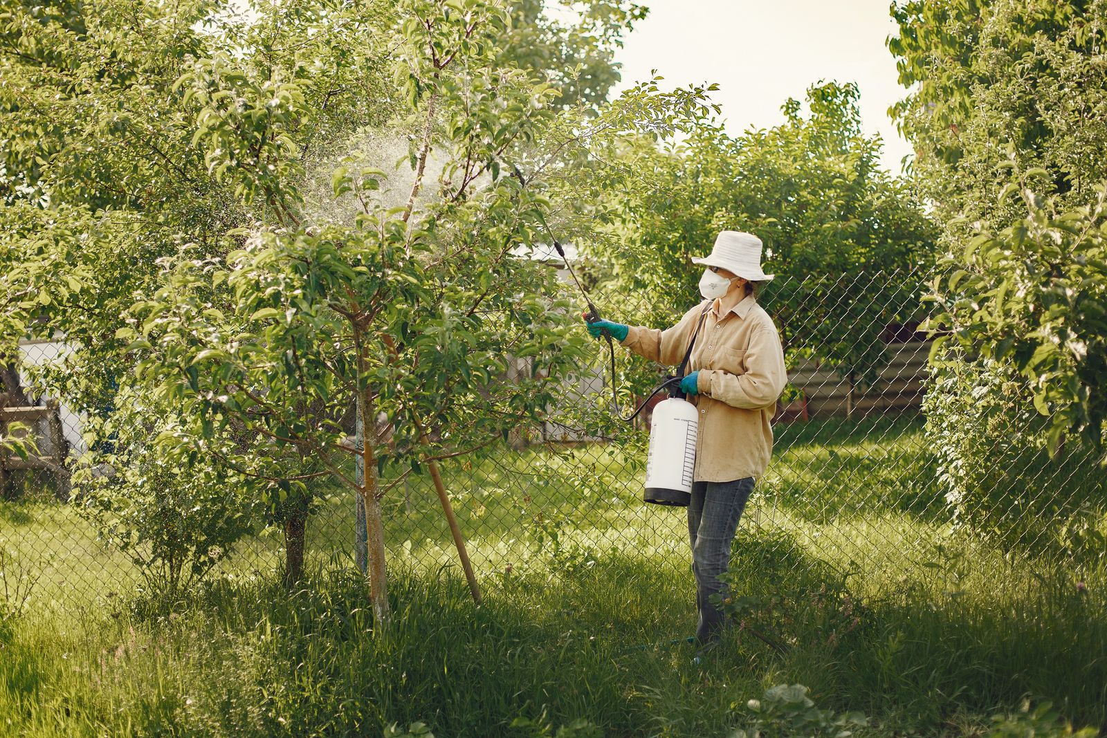 Technician in protective gear spraying pest control treatment
